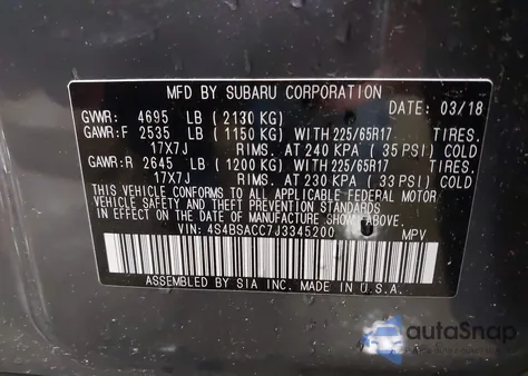 2018 Subaru Outback 2.5I Premium z USA, uszkodzony, nr VIN 4S4BSACC7J3345200